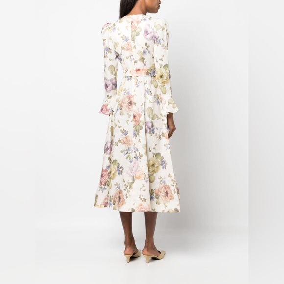 NWT Zimmermann Luminosity Belted Linen Midi Dress Beige Floral | ZIM 0 / US XS - Picture 3 of 13
